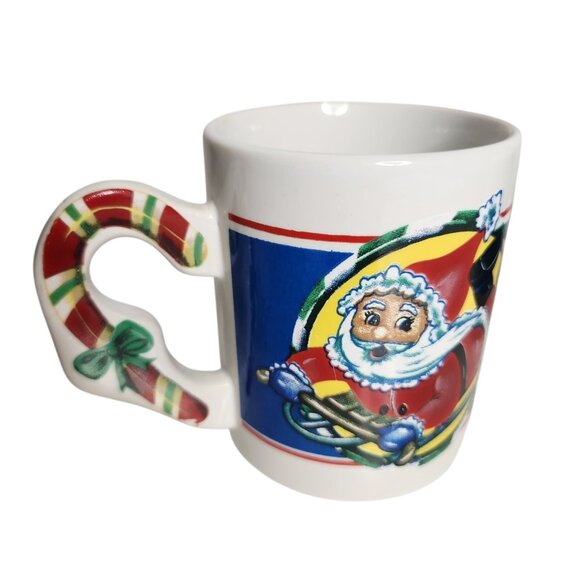 Vintage Santa Claus On A Sled Coffee Mug With Candy Cane On Handle Christmas Lot - Picture 3 of 6